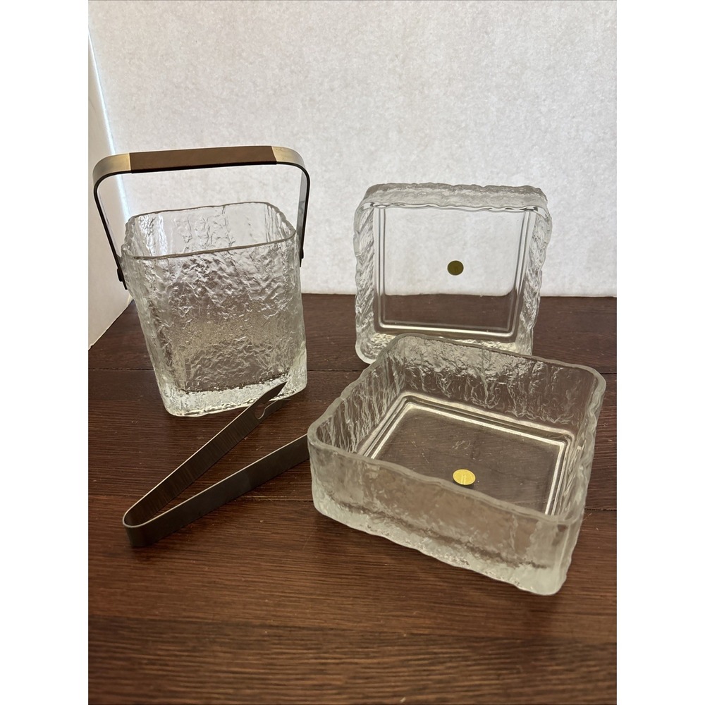 VTG Hoya Japan Ice Scalloped Frosted MCM Square Ice Bucket & 2 Serving Bowls